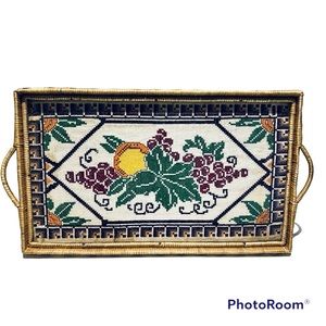 Rattan Tray Petits Points Glass Top Vintage
